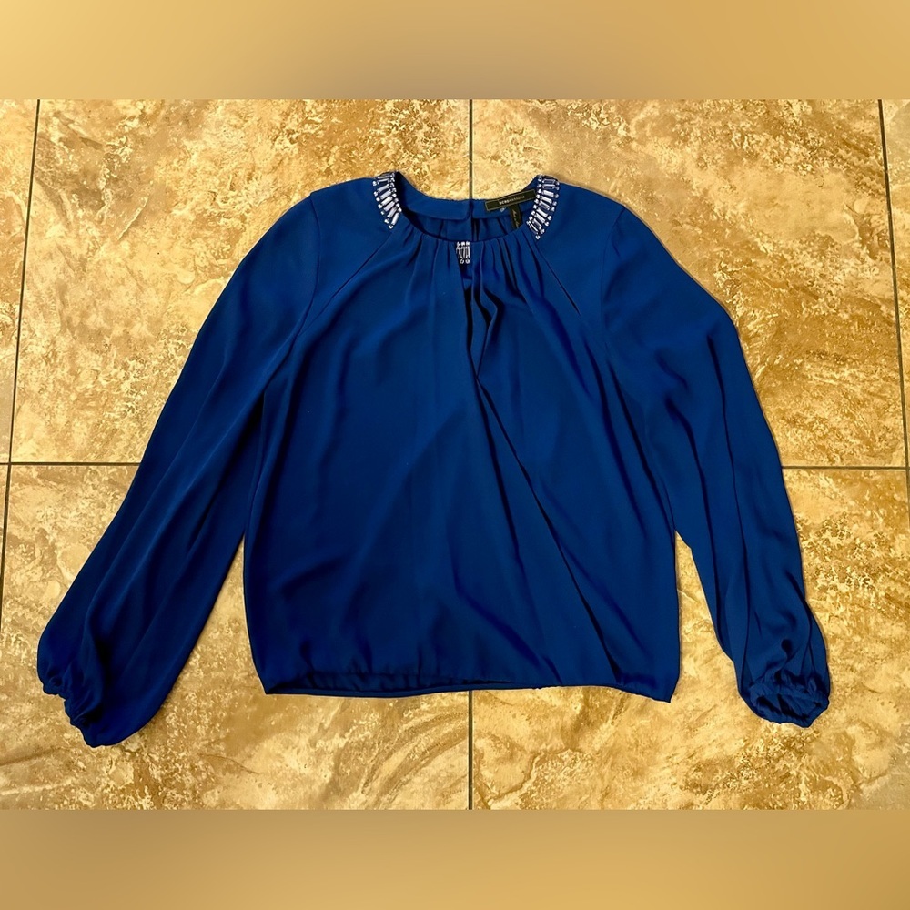 BCBGMAXAZRIA DEEP ROYAL BLUE KAELYN GEMSTONE EMBELLISHED WRAP TOP SZ XXS - Picture 6 of 16